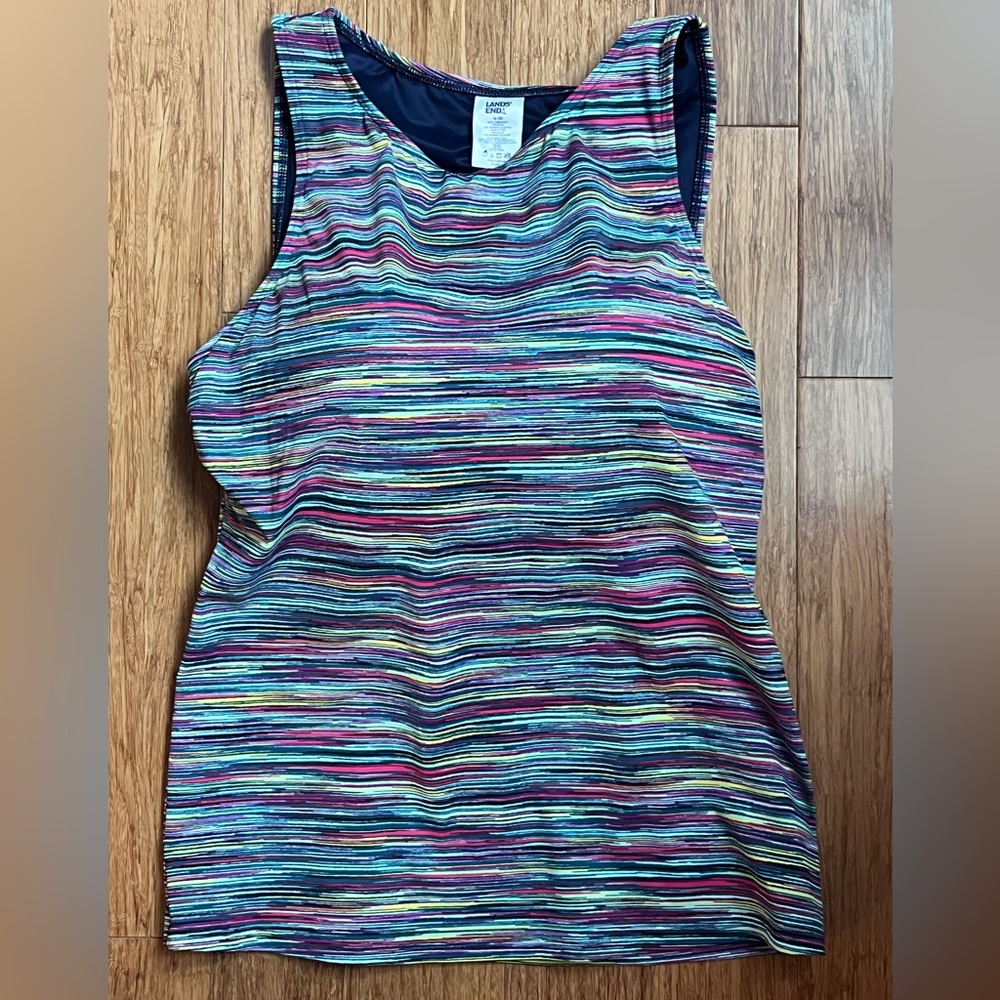 Lands End Tankini Top Women 14DD Blue Turquoise Yellow Stripe Swim Pad Shelf Bra
